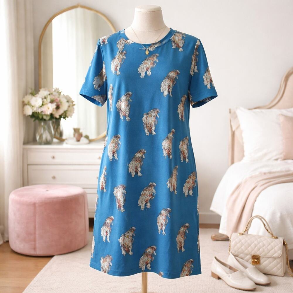 Women's JOYSPUN SLEEPSHIRT Teal Tigers Print Knit Knee Length Stretchy Size S/M